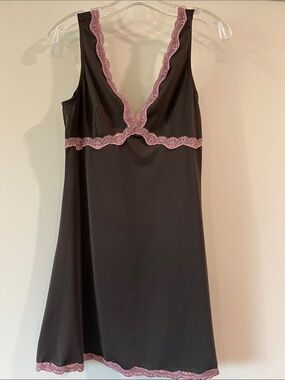 Y2K Lace-Trim Nightdress/Mini cami, baby doll dress, M - brown/pink lace trim